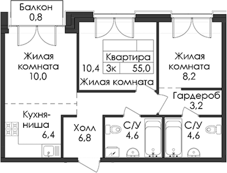 2-комнатная квартира 55 м², 5/9 эт., ЖК «Лермонтовский 54»